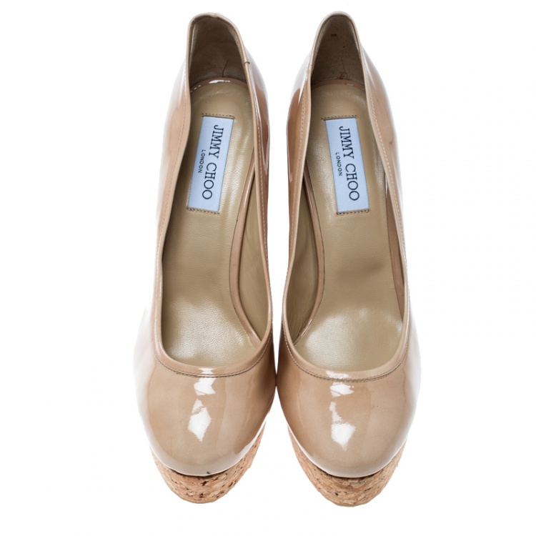 Pre Owned Jimmy Choo Beige Patent Leather Pacita Cork Wedge Pumps Size 41