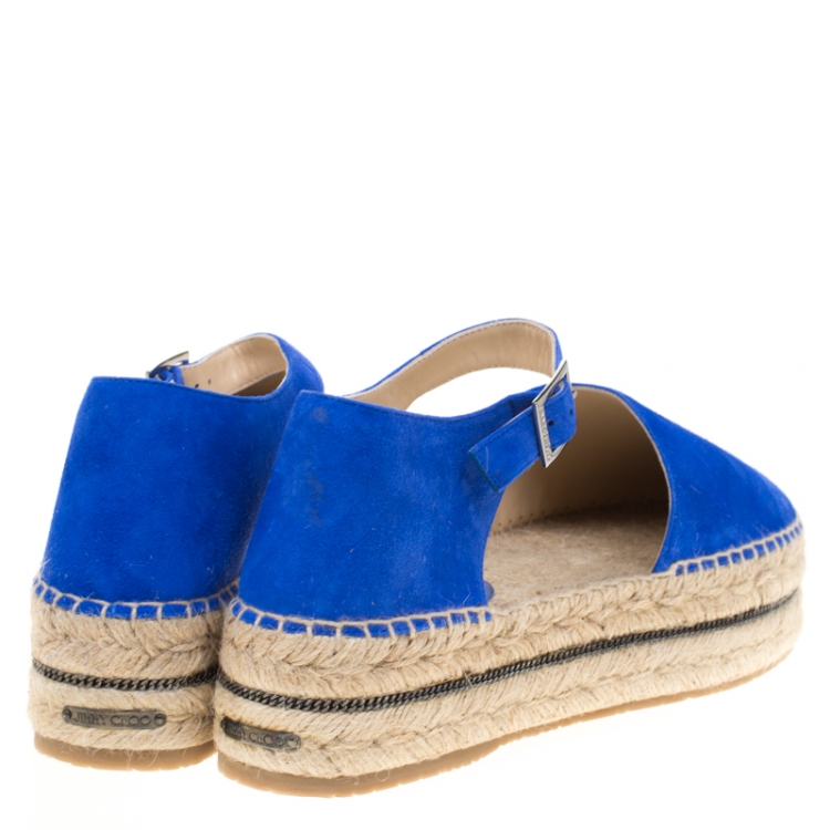 Pre Owned Jimmy Choo Cobalt Blue Suede Delphine Ankle Strap Espadrille Platform Flats Size 41