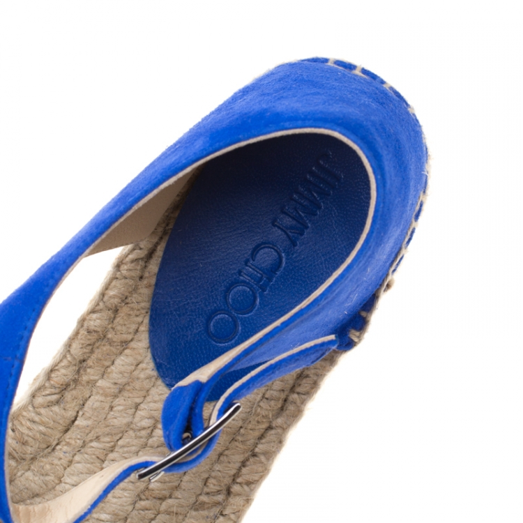 Pre Owned Jimmy Choo Cobalt Blue Suede Delphine Ankle Strap Espadrille Platform Flats Size 41