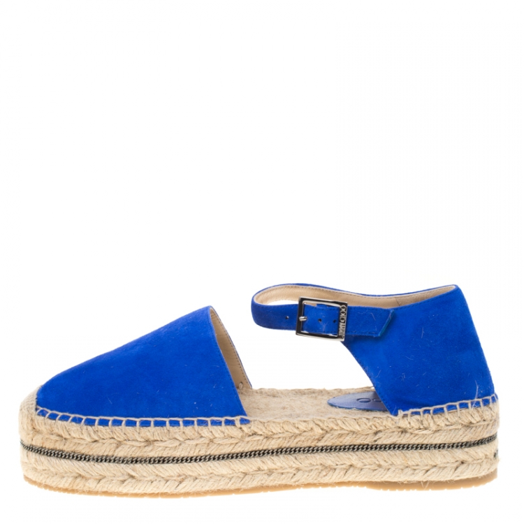Pre Owned Jimmy Choo Cobalt Blue Suede Delphine Ankle Strap Espadrille Platform Flats Size 41