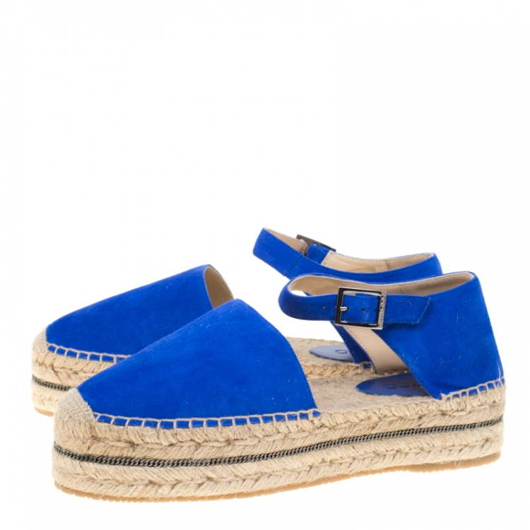Pre Owned Jimmy Choo Cobalt Blue Suede Delphine Ankle Strap Espadrille Platform Flats Size 41