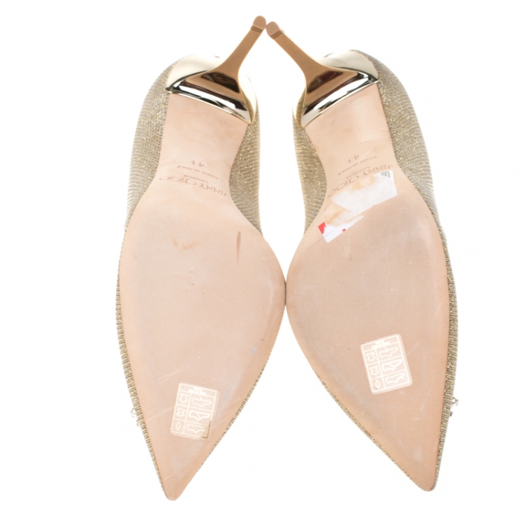 Pre Owned Jimmy Choo Metallic Gold Lamè Glitter Fabric Mamey Crystal Embellished Pointed Toe Pumps Size 41