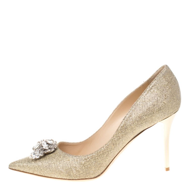 Pre Owned Jimmy Choo Metallic Gold Lamè Glitter Fabric Mamey Crystal Embellished Pointed Toe Pumps Size 41