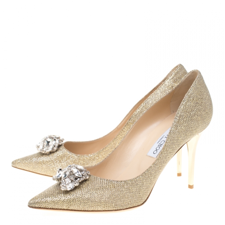 Pre Owned Jimmy Choo Metallic Gold Lamè Glitter Fabric Mamey Crystal Embellished Pointed Toe Pumps Size 41