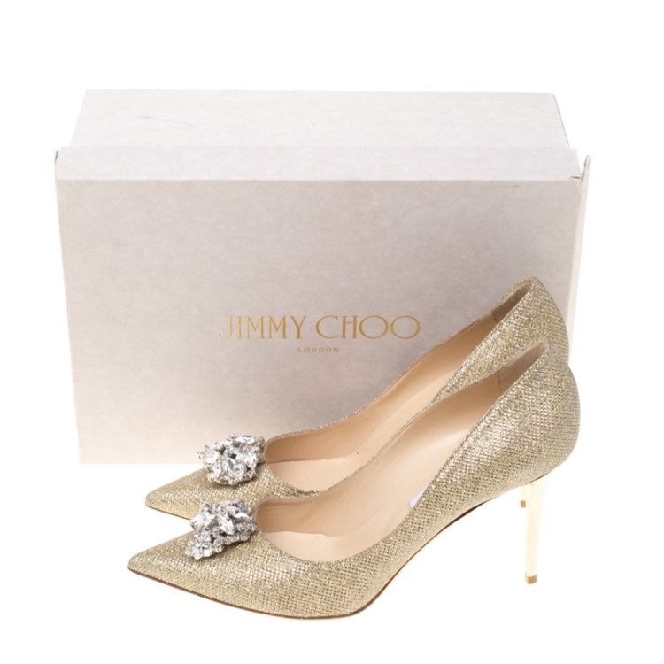 Pre Owned Jimmy Choo Metallic Gold Lamè Glitter Fabric Mamey Crystal Embellished Pointed Toe Pumps Size 41