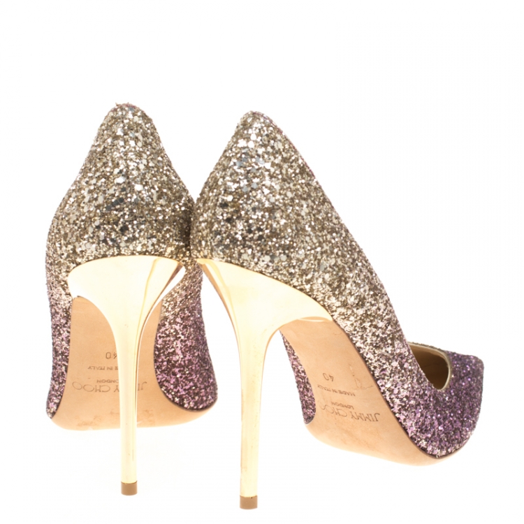 Pre Owned Jimmy Choo Metallic Boho Pink/Gold Degrade Coarse Glitter Abel Pointed Toe Pumps Size 40