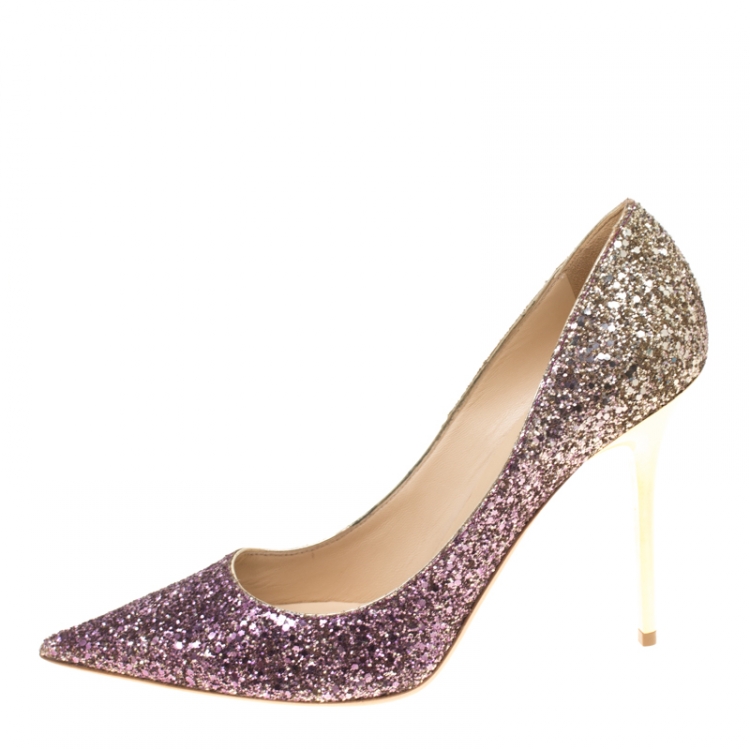 Pre Owned Jimmy Choo Metallic Boho Pink/Gold Degrade Coarse Glitter Abel Pointed Toe Pumps Size 40