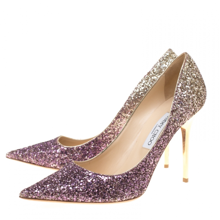 Pre Owned Jimmy Choo Metallic Boho Pink/Gold Degrade Coarse Glitter Abel Pointed Toe Pumps Size 40