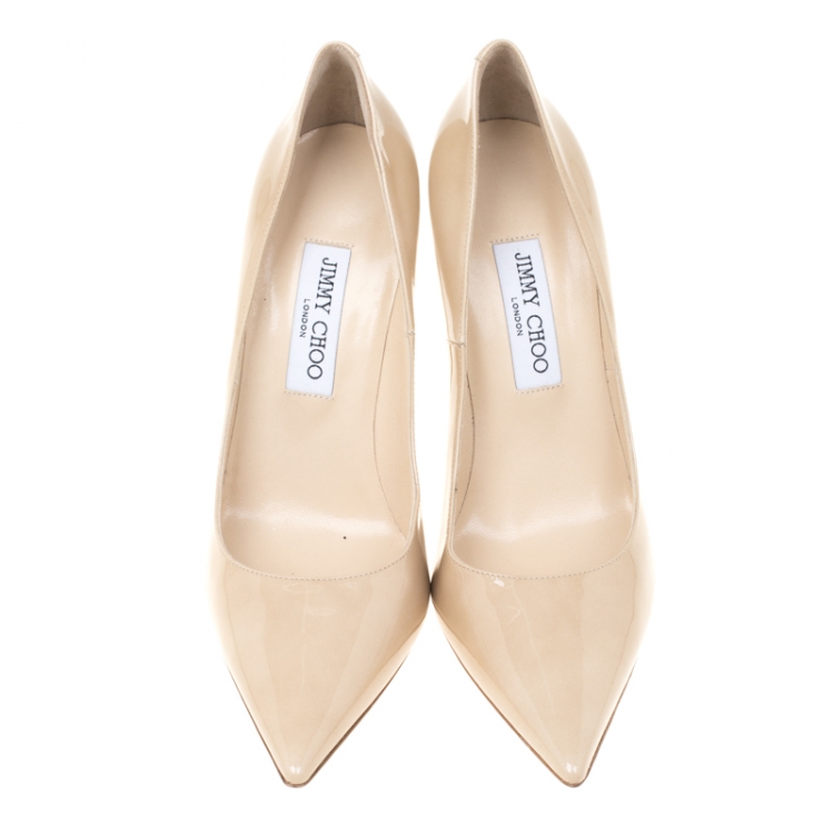 Pre Owned Jimmy Choo Beige Patent Leather Abel Pointed Toe Pumps Size 40.5