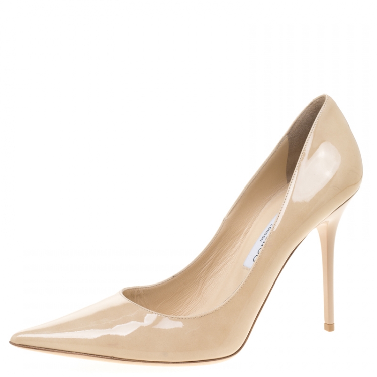 Pre Owned Jimmy Choo Beige Patent Leather Abel Pointed Toe Pumps Size 40.5