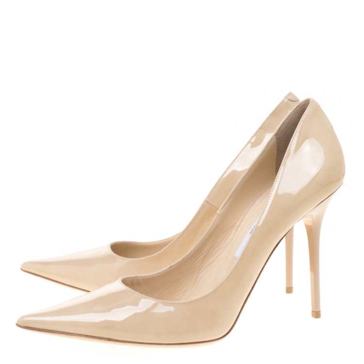 Pre Owned Jimmy Choo Beige Patent Leather Abel Pointed Toe Pumps Size 40.5