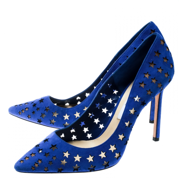 Pre Owned Jimmy Choo Cobalt Blue Romy Perforated Stars Pointed Toe Pumps Size 40