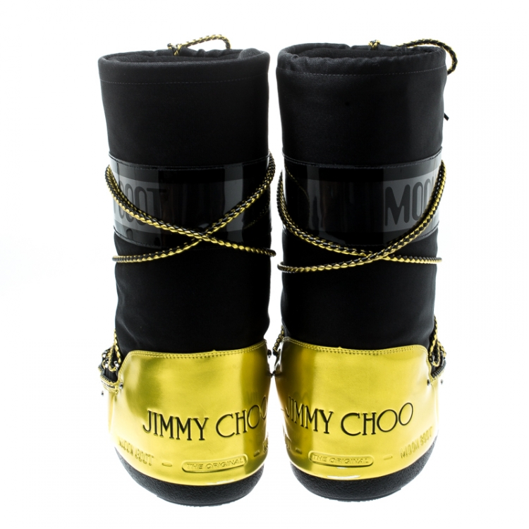 Pre Owned Jimmy Choo Black Fabric And Acid Yellow Mirror Leather MB Classic Snow Boots Size 38