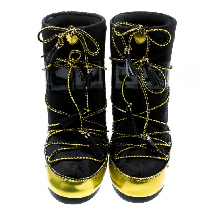 Pre Owned Jimmy Choo Black Fabric And Acid Yellow Mirror Leather MB Classic Snow Boots Size 38
