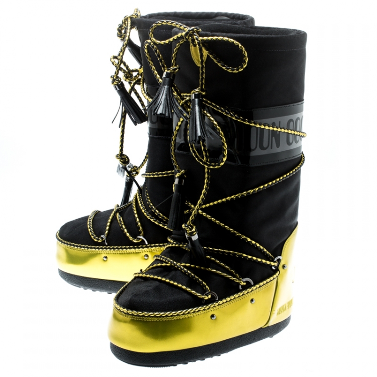 Pre Owned Jimmy Choo Black Fabric And Acid Yellow Mirror Leather MB Classic Snow Boots Size 38
