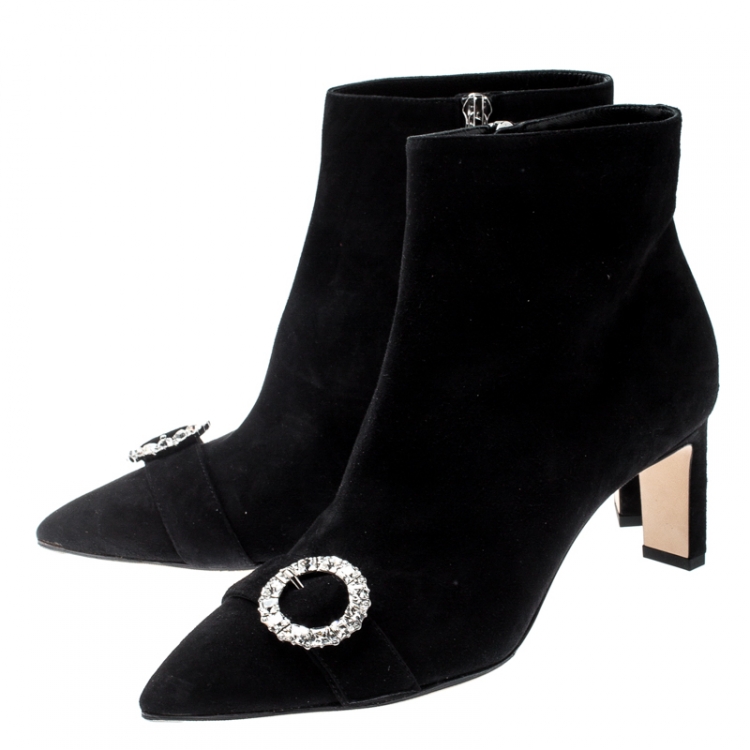 Pre Owned Jimmy Choo Black Suede Hanover 65 Embellished Pointed Toe Ankle Boots 38