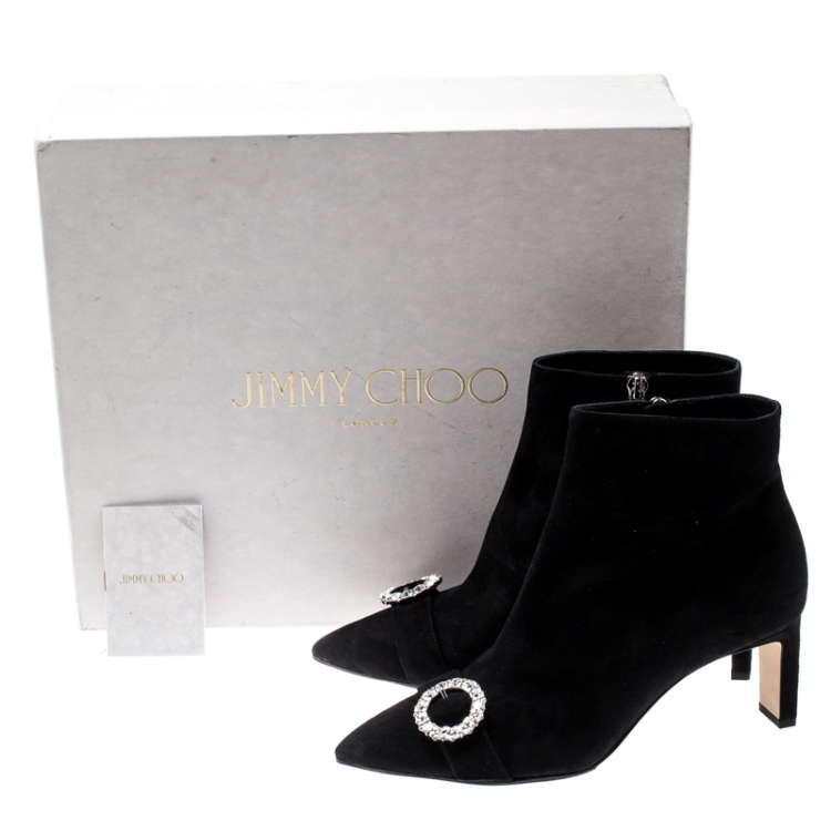 Pre Owned Jimmy Choo Black Suede Hanover 65 Embellished Pointed Toe Ankle Boots 38