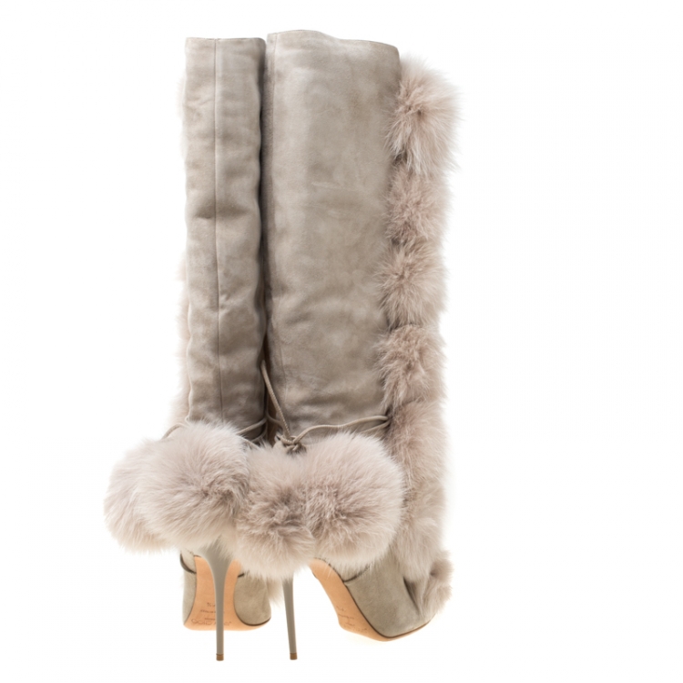 Pre Owned Jimmy Choo Beige Suede And Fox Fur Deeta 110 Knee Length Boots Size 36.5
