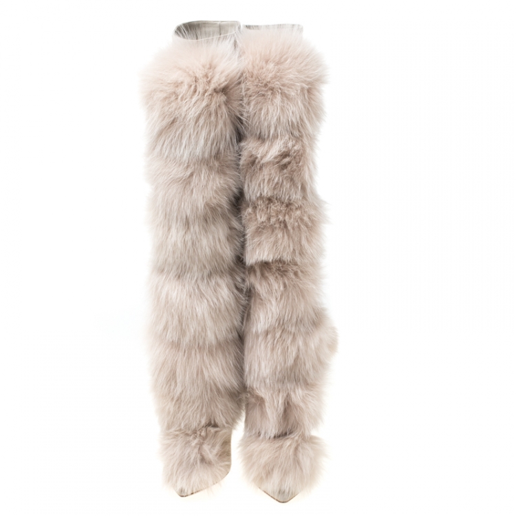 Pre Owned Jimmy Choo Beige Suede And Fox Fur Deeta 110 Knee Length Boots Size 36.5