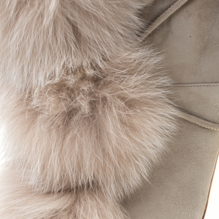 Pre Owned Jimmy Choo Beige Suede And Fox Fur Deeta 110 Knee Length Boots Size 36.5