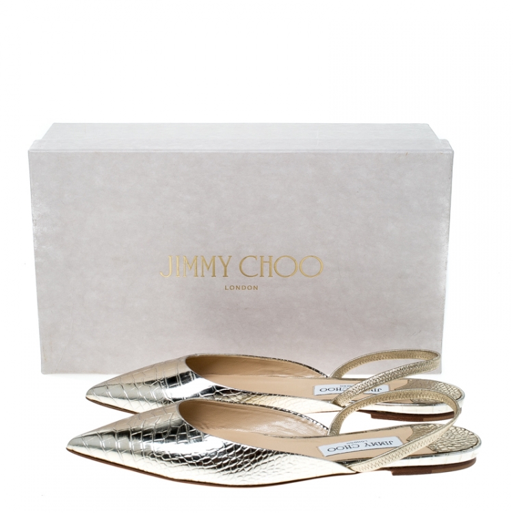 Pre Owned Jimmy Choo Metallic Gold Leather Genoa Pointed Toe Slingback Flat Mules Size 40