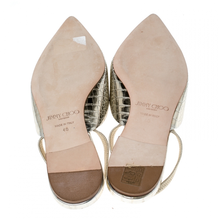 Pre Owned Jimmy Choo Metallic Gold Leather Genoa Pointed Toe Slingback Flat Mules Size 40