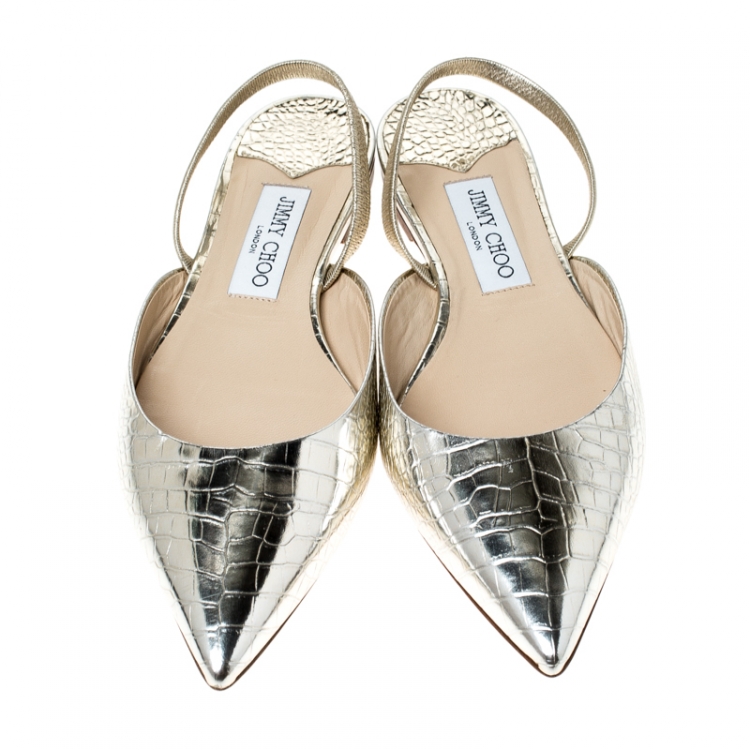 Pre Owned Jimmy Choo Metallic Gold Leather Genoa Pointed Toe Slingback Flat Mules Size 40
