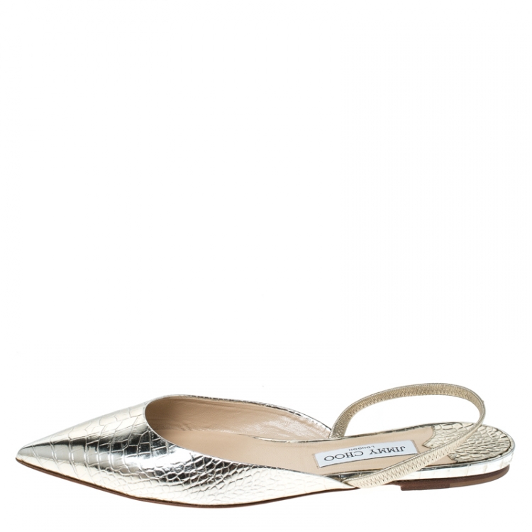 Pre Owned Jimmy Choo Metallic Gold Leather Genoa Pointed Toe Slingback Flat Mules Size 40