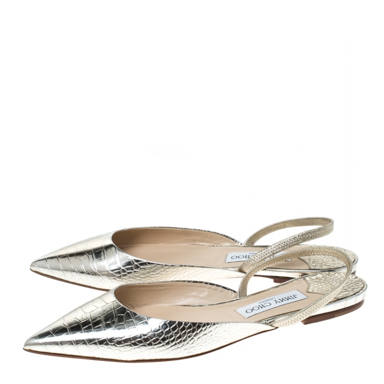Pre Owned Jimmy Choo Metallic Gold Leather Genoa Pointed Toe Slingback Flat Mules Size 40