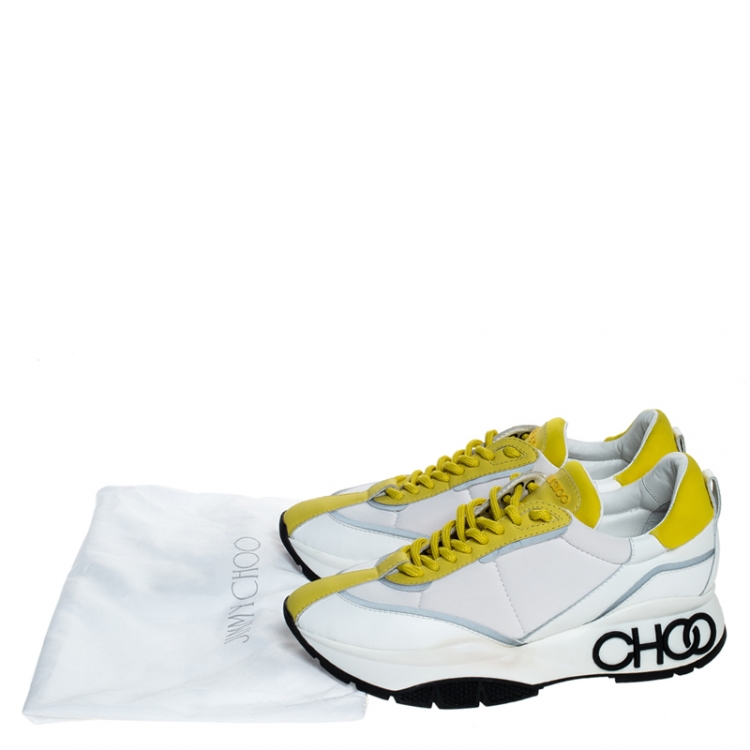 Pre Owned Jimmy Choo White/Yellow Leather And Neoprene Raine Sneakers Size 39