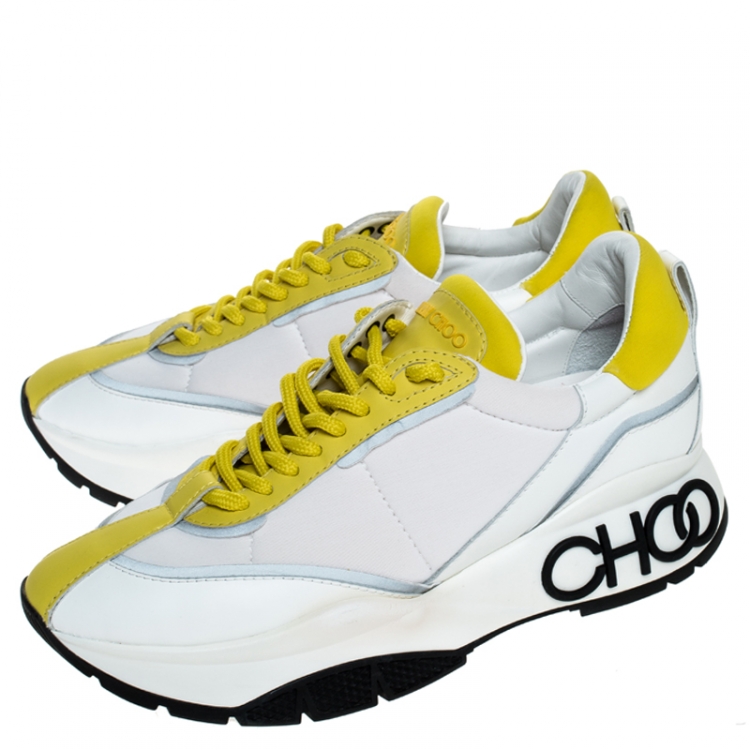 Pre Owned Jimmy Choo White/Yellow Leather And Neoprene Raine Sneakers Size 39