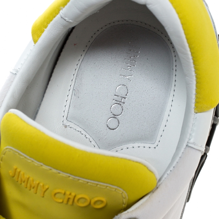 Pre Owned Jimmy Choo White/Yellow Leather And Neoprene Raine Sneakers Size 39