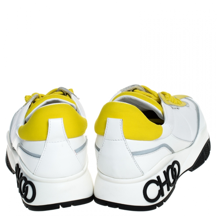 Pre Owned Jimmy Choo White/Yellow Leather And Neoprene Raine Sneakers Size 39