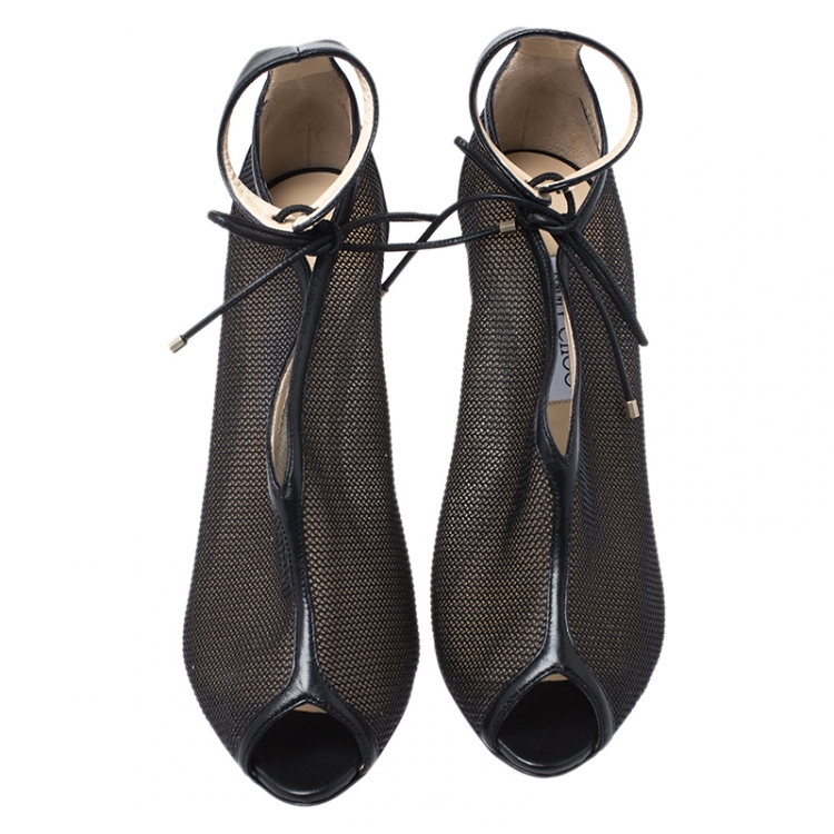 Pre Owned Jimmy Choo Black Mesh And Leather Trim Sayra Peep Toe Ankle Wrap Booties Size 40.5
