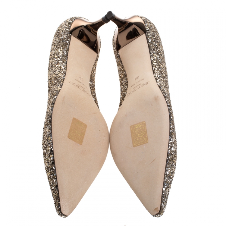 Pre Owned Jimmy Choo Gold Glitter Aza Kitten Heel Pumps Size 39