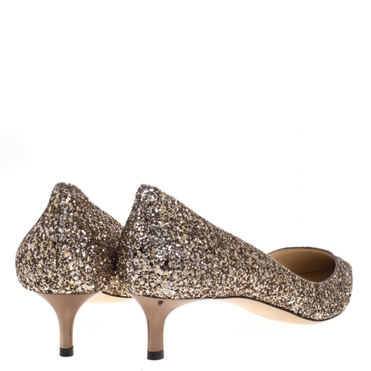 Pre Owned Jimmy Choo Gold Glitter Aza Kitten Heel Pumps Size 39