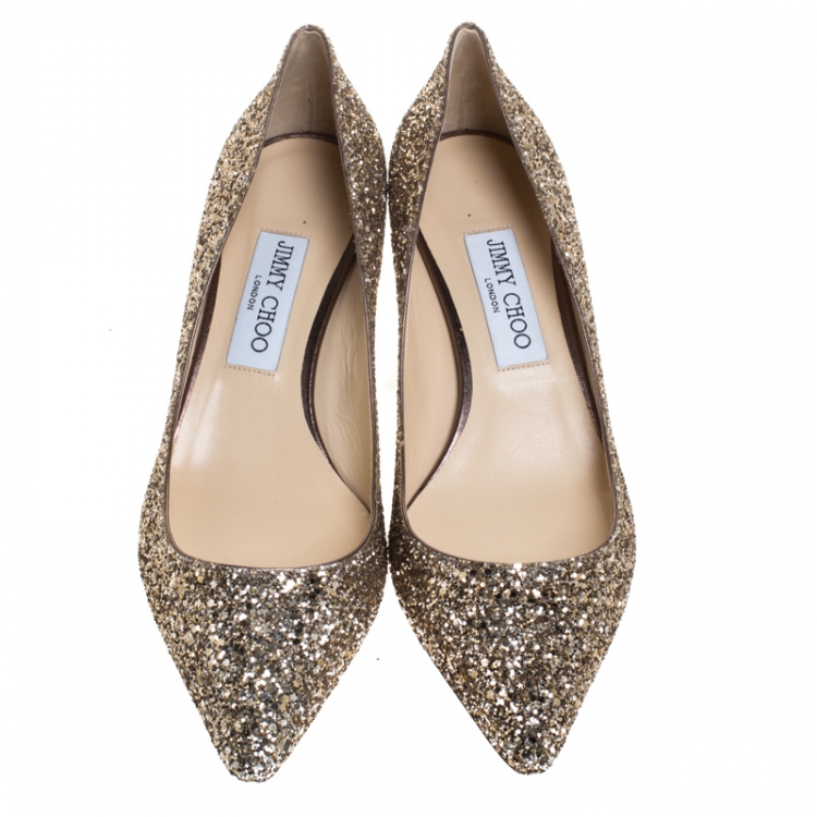 Pre Owned Jimmy Choo Gold Glitter Aza Kitten Heel Pumps Size 39