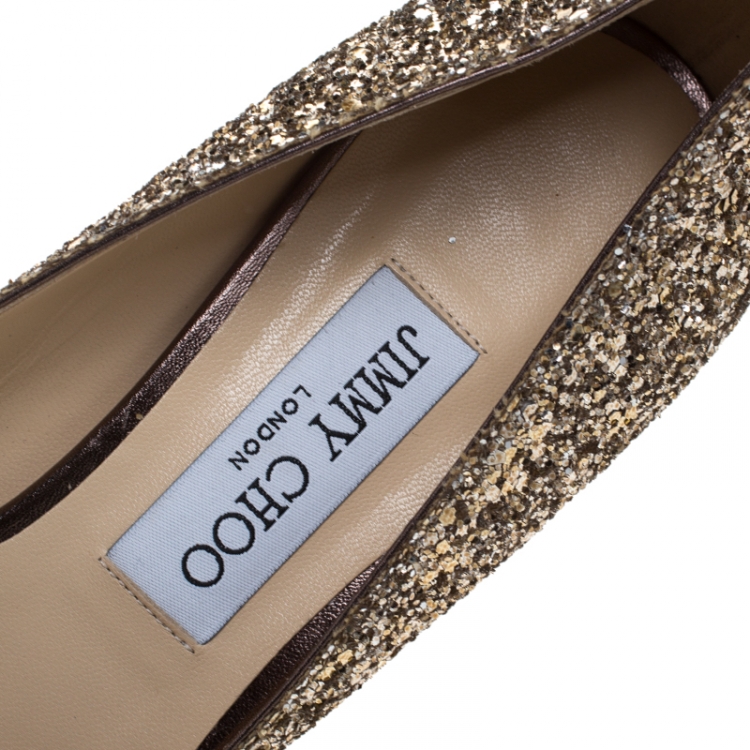 Pre Owned Jimmy Choo Gold Glitter Aza Kitten Heel Pumps Size 39