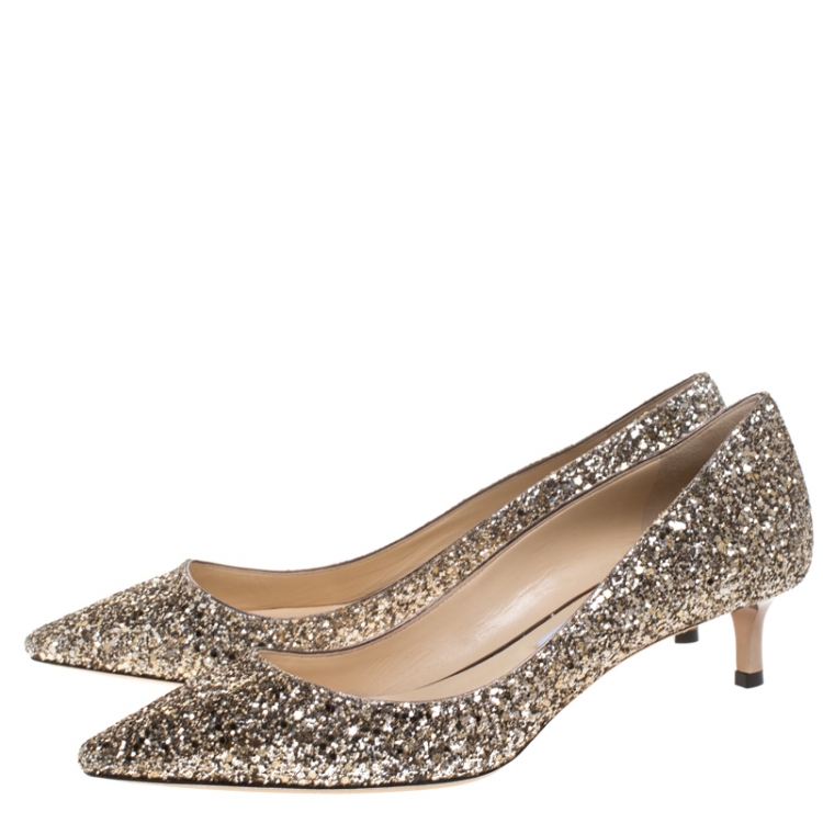 Pre Owned Jimmy Choo Gold Glitter Aza Kitten Heel Pumps Size 39