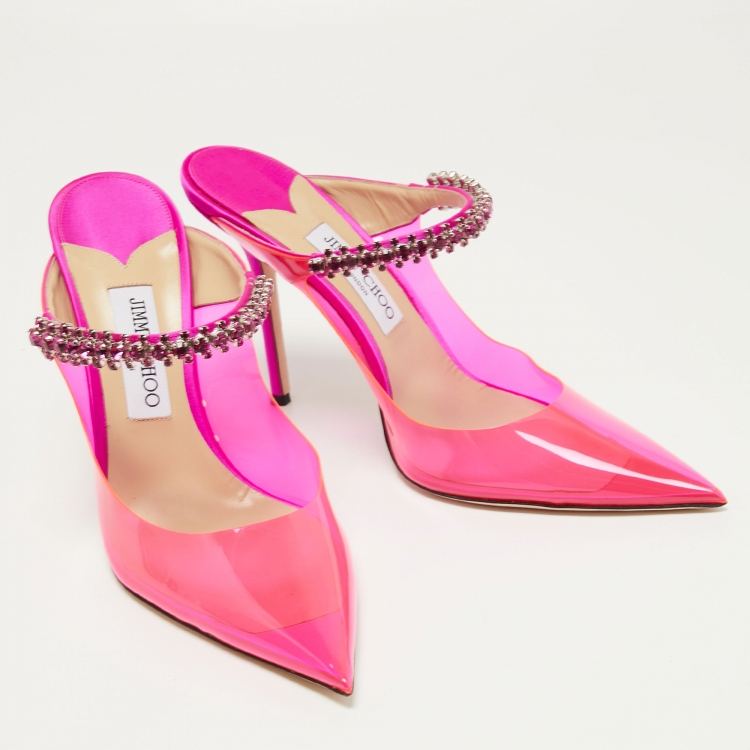 Pre Owned Jimmy Choo Pink PVC and Satin Bing Crystal Embellished Pointed Toe Sandals Size 42