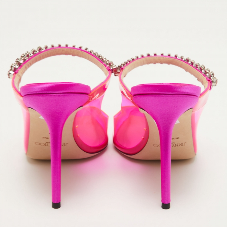 Pre Owned Jimmy Choo Pink PVC and Satin Bing Crystal Embellished Pointed Toe Sandals Size 42