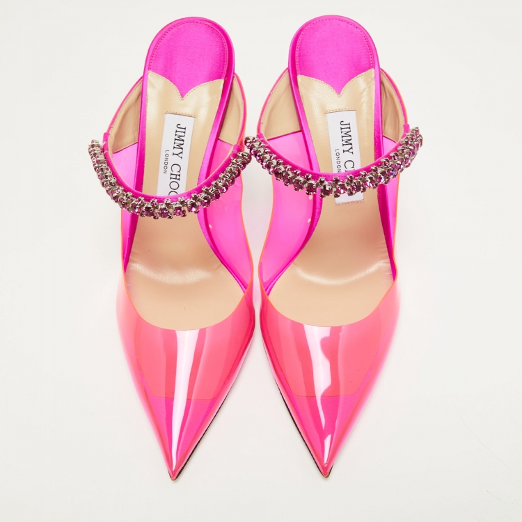 Pre Owned Jimmy Choo Pink PVC and Satin Bing Crystal Embellished Pointed Toe Sandals Size 42