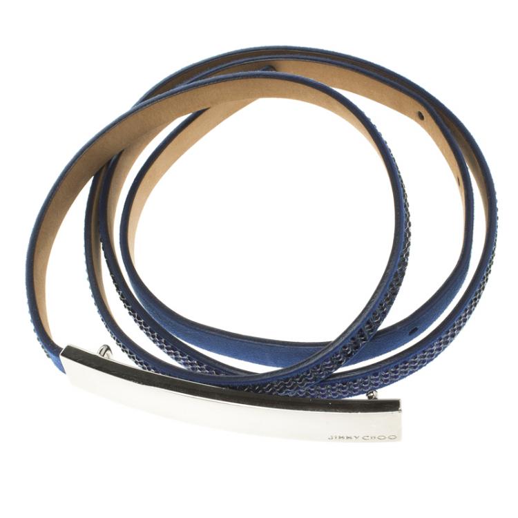 Pre Owned Jimmy Choo Blue Suede Crystal Embellished Blossom Skinny Belt 90 CM
