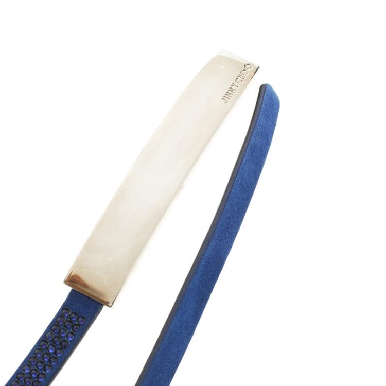 Pre Owned Jimmy Choo Blue Suede Crystal Embellished Blossom Skinny Belt 90 CM