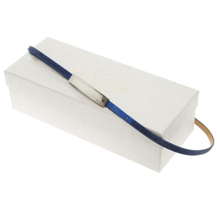 Pre Owned Jimmy Choo Blue Suede Crystal Embellished Blossom Skinny Belt 90 CM