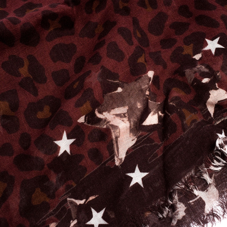 Pre Owned Jimmy Choo Burgundy Leopard Print Fringed Scarf