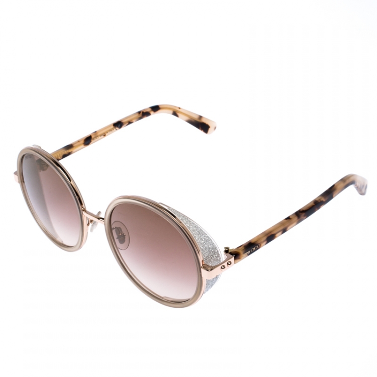 مملوكة مسبقًا Jimmy Choo Giittered Copper Gold/Pink Gradient Gold Mirrored ANDIE/S Round Sunglasses