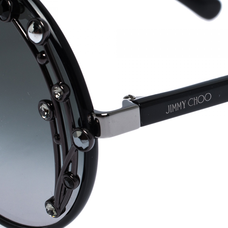 Pre Owned Jimmy Choo Black Crystal Embellished/ Green Gradient GEMA/S Round Sunglasses
