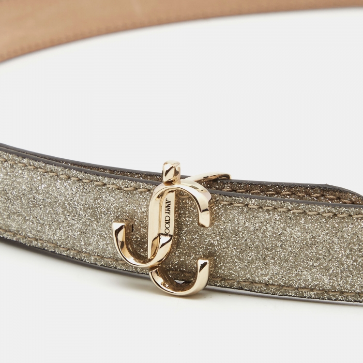 Pre Owned Jimmy Choo Gold Glitter Leather JC Logo Slim Belt 75CM