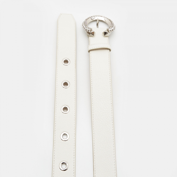 Pre Owned Jimmy Choo White Leather Madeline Crystals Belt S
